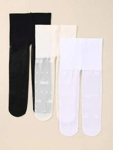 3雙女嬰緊身褲，黑色緊身褲、白色緊身褲、米色緊身褲，可愛蜜蜂提花網眼襪，柔軟舒適適合日常穿著 - 彩色 - 查看 1