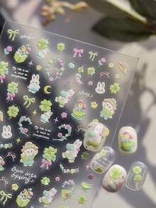 1 Sheet Spring Rabbit Nail Stickers, Cute Rabbit & Flower Self-Adhesive Nail Decals For DIY Nail Art Decoration - Multicolor - View 1