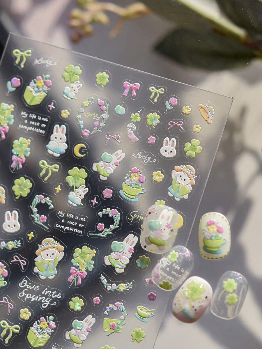 1 Sheet Spring Rabbit Nail Stickers, Cute Rabbit & Flower Self-Adhesive Nail Decals For DIY Nail Art Decoration - Multicolor - View 1