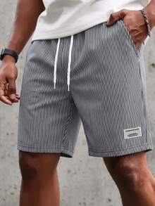 Men's Striped Drawstring Waist Casual Summer Beach Shorts With Tag - White - View 1