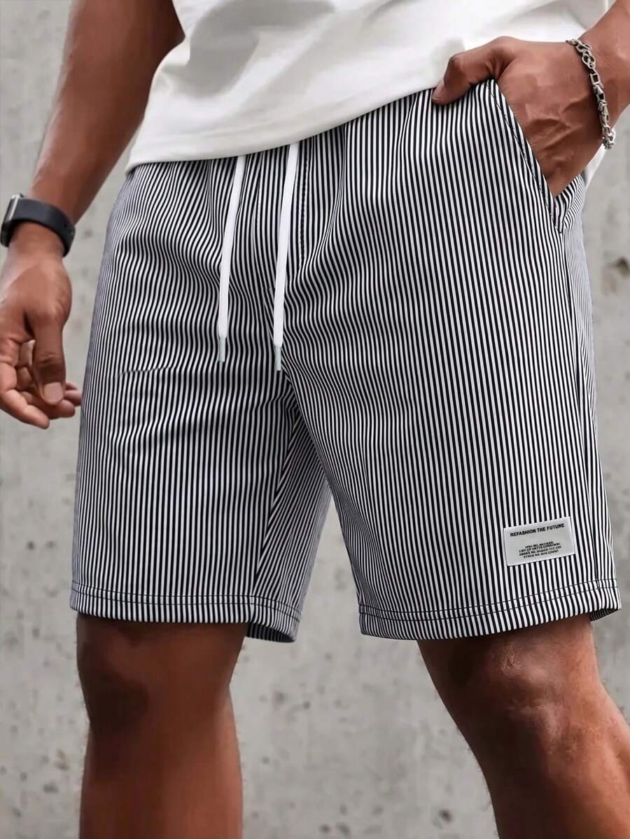 Men's Striped Drawstring Waist Casual Summer Beach Shorts With Tag - White - View 1