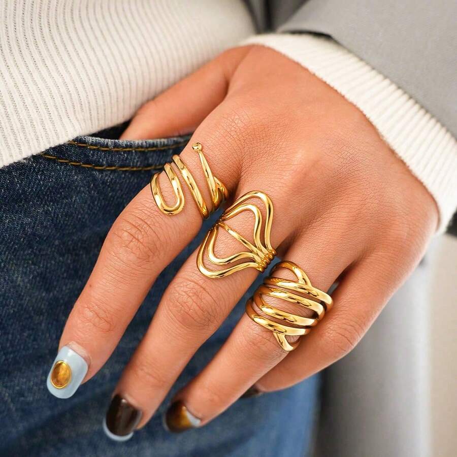 3 piezas/1 pieza Joyería personalizada asimétrica, anillo personalizado de acero inoxidable resistente a la oxidación, joyería de metal minimalista y elegante a prueba de agua, accesorios personalizados, anillo de estilo elegante, mejor opción para regalos festivos y combinación diaria, adecuado para reuniones y fiestas diarias, mejor regalo para novia y esposa