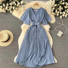 Vestido midi ajustado con cuello en V, falda plisada de color liso, estilo coreano, cintura alta, fibra de poliéster, vestido... - Morado - Ver 2
