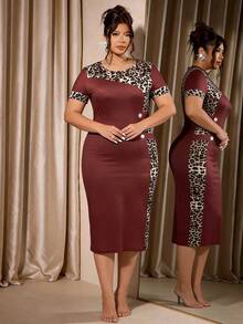 Vestido de talla grande para mujer, cuello redondo, estampado de leopardo, patchwork, manga corta, ajustado, midi, elegante, para primavera y verano, vestido chic para fiesta - Burdeos - Ver 3