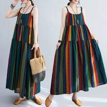 Vestido de Lino y Algodón con Estampado de Rayas en Bloques de Color, Falda Asimétrica sin Tirantes, Estilo  de Verano ... - color - Ver 1