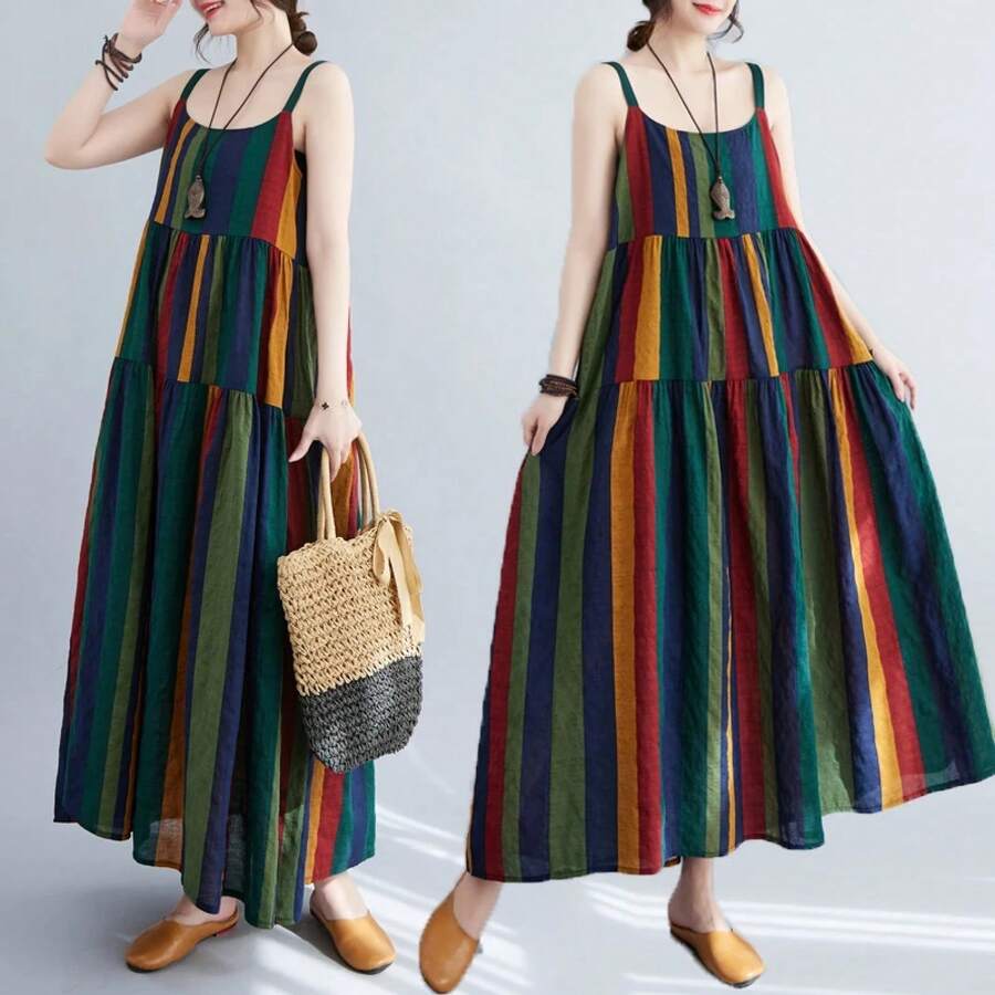 Vestido de Lino y Algodón con Estampado de Rayas en Bloques de Color, Falda Asimétrica sin Tirantes, Estilo de Verano ... - color - Ver 1