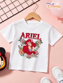 Disney Princess Squad Kids T-Shirt, Ariel Front Print & Princess Photo Collage Back Design, 100% Cotton, No Fade, Unisex For Boys & Girls, Ideal For Theme Park, Family Vacation, Daily Casual Wear & Travel Outfit, Great Children's Day Gift For Kids Ages 4-12 - 白色 - 查看 4