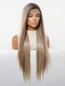 30 Inch Ombre Ash Blonde 13x4 Lace Front Wig For Women Long Straight Synthetic Hair Wig Pre Plucked Natural Hairline Heat Resistant Glueless Hair Wig Daily Party Cosplay Realistic Hairline Lightweight Breathable Easy Install Beginner Friendly - 挑染棕色 - 查看 6