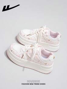 1 Pair WARRIOR Women's Thick Sole Lace-Up Soft Bottom Casual Shoes, Low-Top Outdoor Flat Shoes For Summer, Round Toe Low Heel Non-Slip Solid Color Elegant Soft Bottom Hiking Suitable For Students Graduation Photos, Women Low-Top Mesh Sneakers - Flour/Rice - View 4