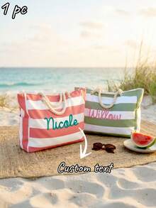 1pc Personalized Striped Beach Tote Bag - Custom Oversized Canvas Travel Bag With Rope Handles, Waterproof & Spacious For Vacation, Pool, Gym - Custom Name Embroidered Tote For Women - Multicolor - View 1