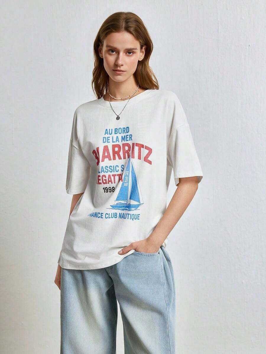 Summer Tops Casual Short Sleeve T-Shirt With Sailing Boat Logo Print, Cotton T-Shirt, Summer Outfit - White - View 1