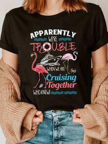 Flamingo Fashion T-Shirt With Letter Print, Short Sleeve And Round Neck, Casual Top For Summer And Spring, Women's Clothing - Black - View 1