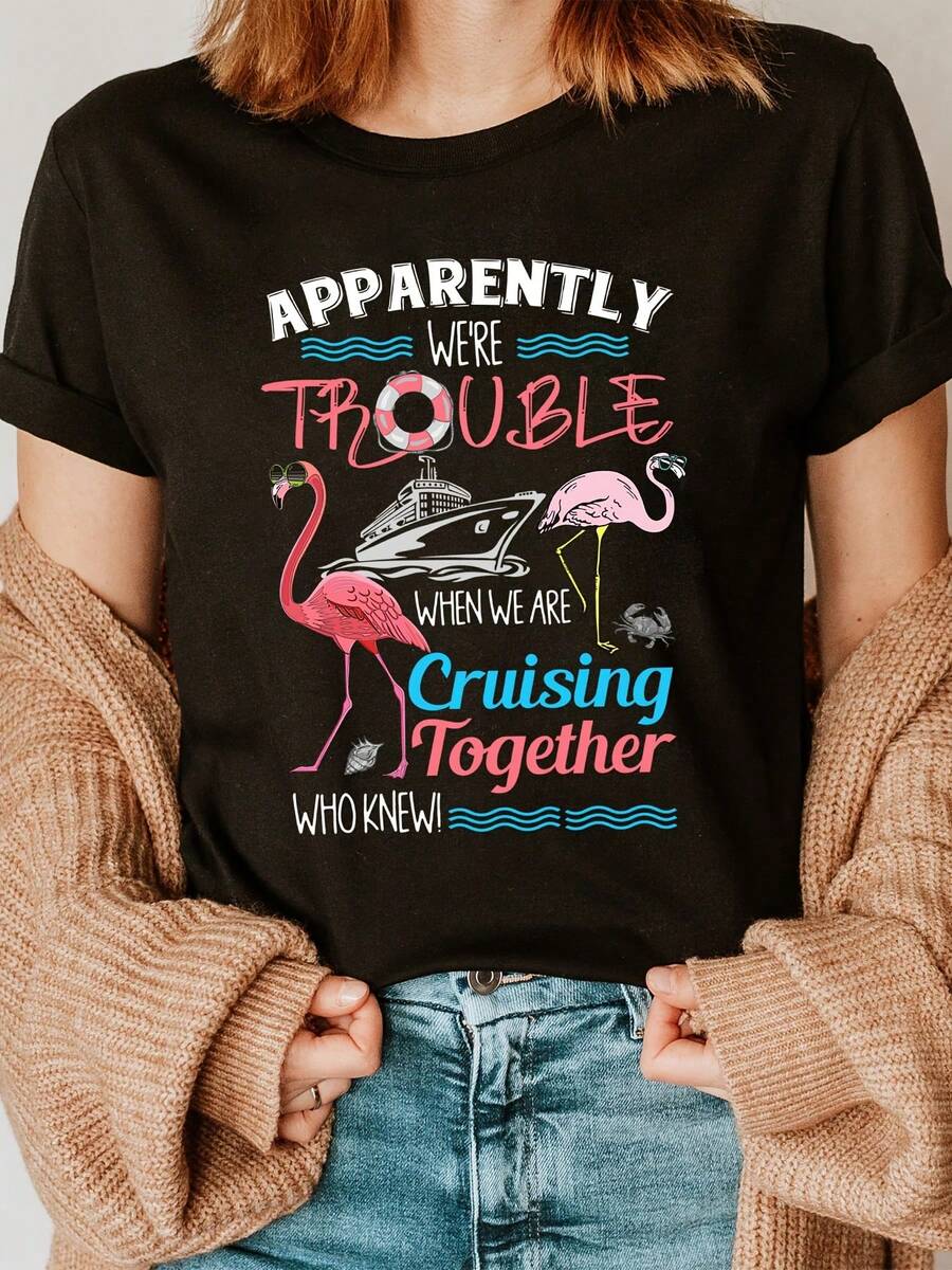 Flamingo Fashion T-Shirt With Letter Print, Short Sleeve And Round Neck, Casual Top For Summer And Spring, Women's Clothing - Black - View 1