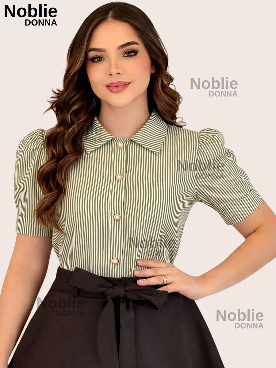 Short-Sleeved Striped Dress Shirt, Elegant Women's Blouse With Buttons Down The Front, For Office Use. - 綠色條紋 - 查看 1