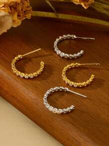 奢华复古925纯银镶嵌锆石C形设计可叠戴耳环，女士款 - C-Shape Earrings - 查看 2