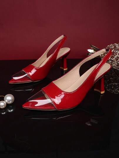 1 Pair Red High Heel Sandals For Teenage Girls Plus Size, Glossy PU + Soft Transparent Leather Patchwork, Pointed Toe Thin Heel Slip-On Design, Fashion Elegant Bohemian Princess Style High Heels, Suitable For Casual, Holiday, Party, Office, Spring/Summer