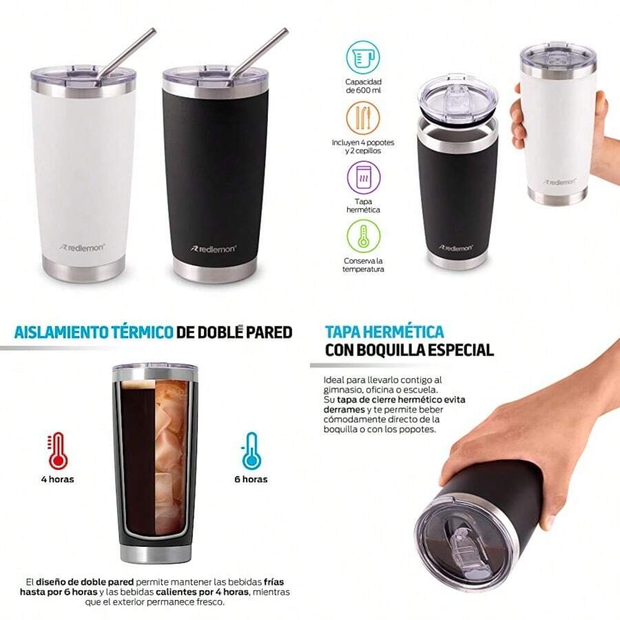 DDV Redlemon Double-Walled Stainless Steel Thermal Mug, 600 Ml, 2 Pieces. For Water And Coffee With Airtight Lid. Keeps Your Drink Hot For 4 Hours And Cold For 6 Hours. Includes Straws And Cleaning Brush. - 白色 黑色 銀色 - 查看 1