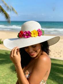 1 pièce Chapeau de paille élégant et décontracté de style bohème, chapeau de paille à large bord décoratif en forme de dôme avec fleurs, chapeau de soleil à la mode pour les vacances à la plage, polyvalent pour toutes les saisons, les vacances et les voyages - A - Voir 1