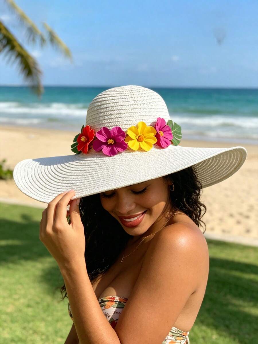 1 pièce Chapeau de paille élégant et décontracté de style bohème, chapeau de paille à large bord décoratif en forme de dôme avec fleurs, chapeau de soleil à la mode pour les vacances à la plage, polyvalent pour toutes les saisons, les vacances et les voyages - A - Voir 1