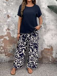 Set de 2 piezas de top de cuello redondo casual y pantalones sueltos para mujer, conjunto versátil adecuado para primavera y otoño - Multicolor 5 - Ver 4