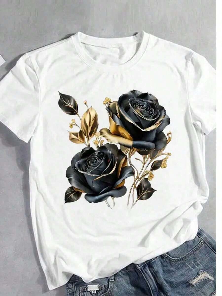 Camiseta de manga corta con cuello redondo para mujer, corte holgado, casual y versátil.Presenta estampados de letras minimalistas modernos, elegantes y exquisitos, lo que lo hace perfecto como prenda básica; está hecho de tela suave con excelente caída. - Blanco - Ver 1