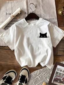 Semi-Sheer Women's Short-Sleeved T-Shirt With A Cat Motif On The Front - Crew Neck Blouse Compatible Top | Machine-Washable Spring/Summer Blouse, Suitable For Casual Wear, Layering, And Everyday Outfits - Women's T-Shirt - White - View 1