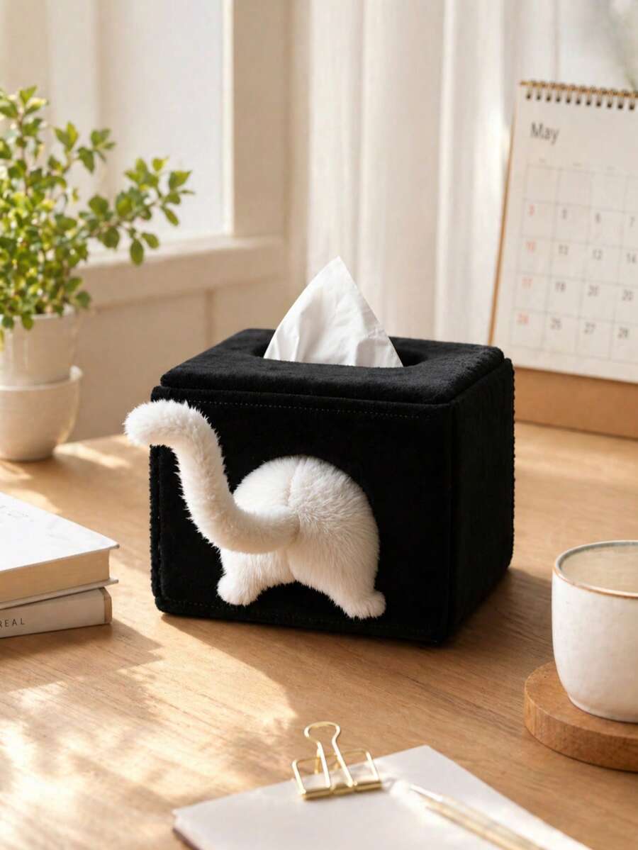 Cute Mischievous Kitten Tissue Box Holder With Plush Decor, Creative Tissue Storage Solution For Home, Bedroom, Living Room, Office Desk, Home Decor, Vanity, Storage Box