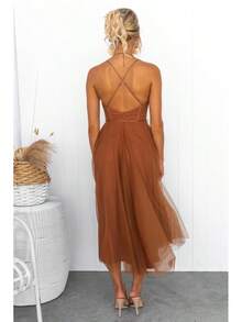KZKZWK Cami Tulle Midi Dress With Corset Bodice, Sweetheart Neckline, Tie Waist Detail, Flared A-Line Skirt, Bridesmaid & Formal Party Wear - 黃色 - 查看 4
