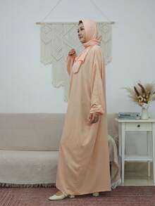 Women's Modest Long Sleeve Solid Color Prayer Robe, Lantern Sleeve Design, Full Length Woven Fabric, Suitable For Elegant Occasions, Applicable For Church And Home Use - Apricot - View 5