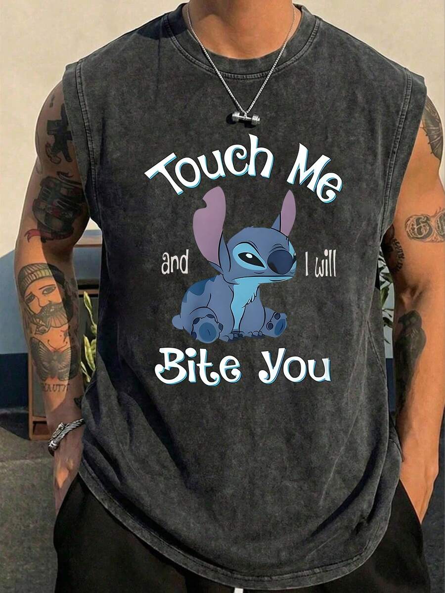 Disney Lilo & Stitch "Touch Me And I Will Bite You" Officially Licensed Men's Sleeveless Graphic Tee, 100% Cotton 230g Washed Vintage Casual Shirt - 黑色 - 查看 1