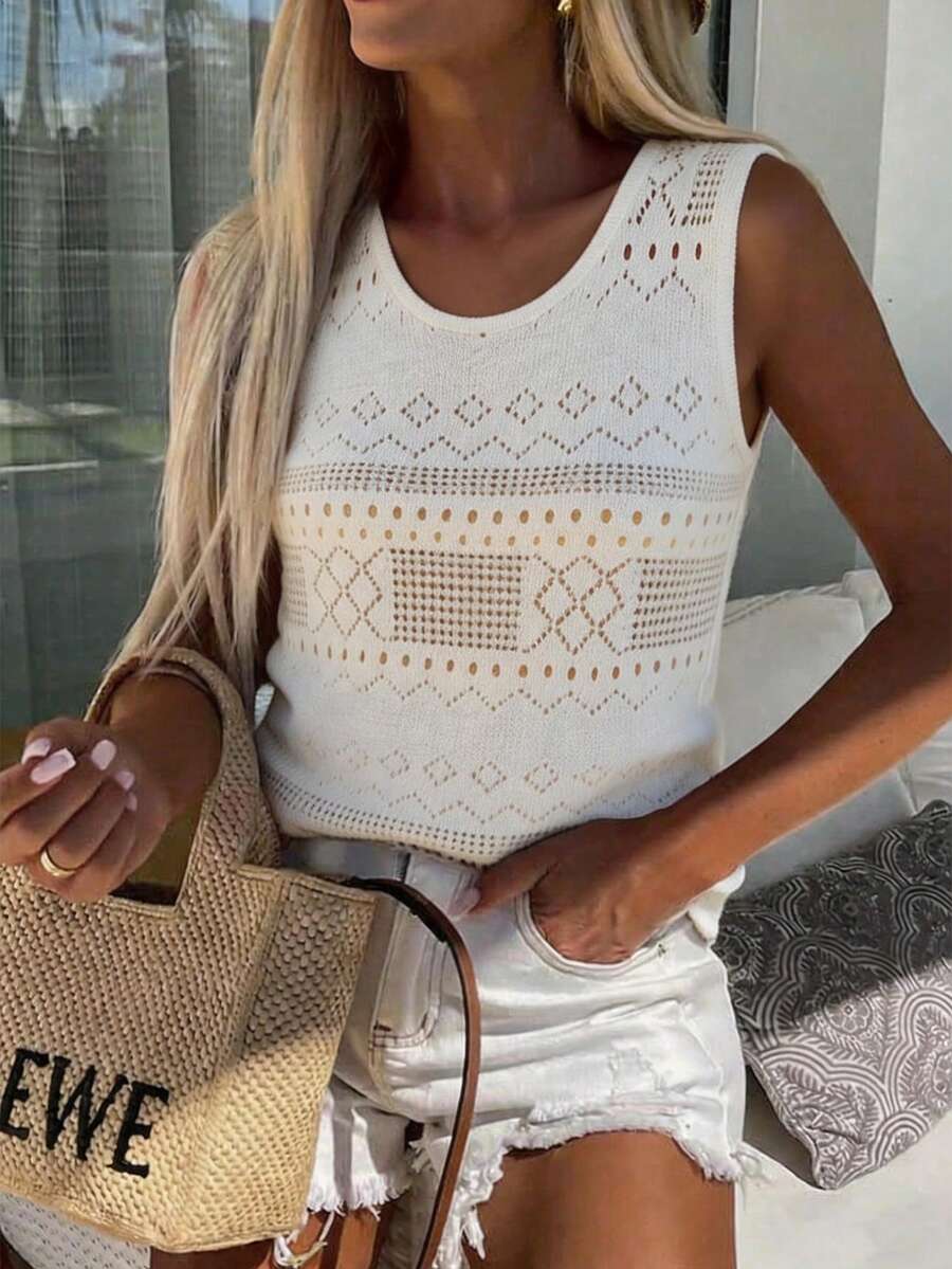 Just Masa Women's Summer Casual Elegant Knit Vest, Round Neck Sleeveless Mesh Solid Color Fashion Minimalist Lightweight Knitted Top, Suitable For Beach, Vacation, Commute, Date, And Daily Wear - Apricot Color - View 1