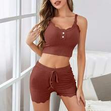 Conjunto de pijama de dos piezas para mujer, camisola corta con ribete de encaje de punto acanalado, Top y pantalones cortos, ropa de dormir de verano, ropa de casa, nueva  caliente - marrón rojizo - Ver 1