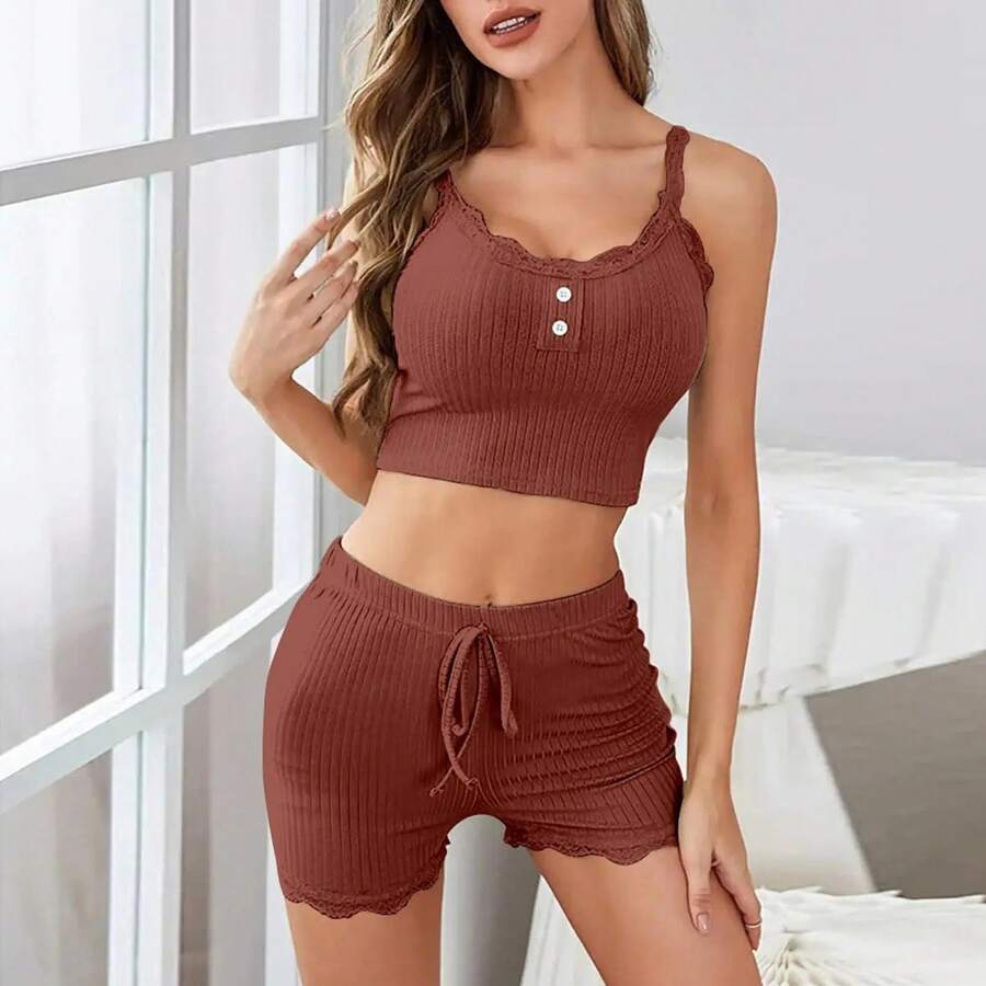Conjunto de pijama de dos piezas para mujer, camisola corta con ribete de encaje de punto acanalado, Top y pantalones cortos, ropa de dormir de verano, ropa de casa, nueva  caliente - marrón rojizo - Ver 1