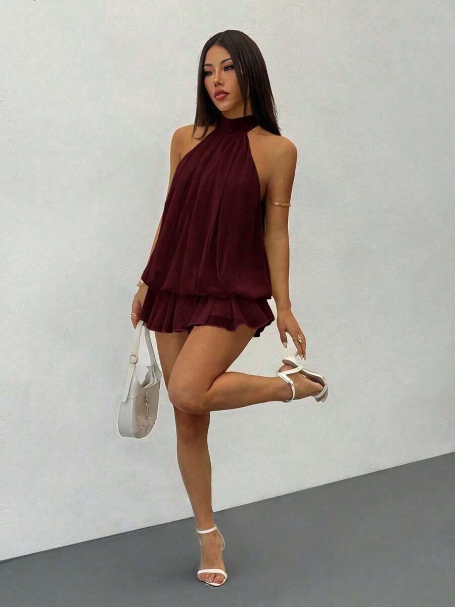 Vestido mini elegante de mujer de color amarillo claro con cuello halter y lazo, adecuado para fiestas, citas, otoño/invierno, primavera/verano - Café integral - Ver 1