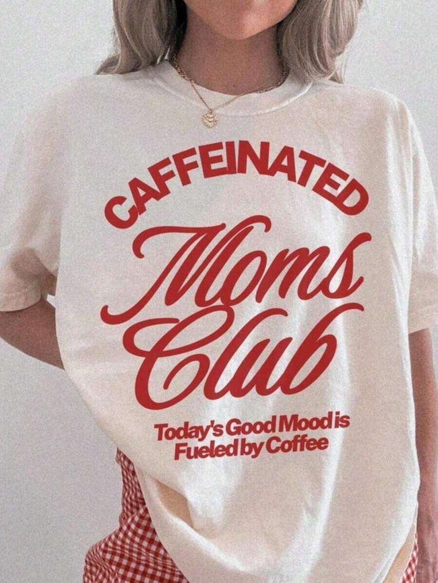 100% Cotton T-Shirt With Caffeine For Moms In The Club, Vintage Mom T-Shirt, Aesthetic, Plus Size, Moms Club T-Shirt, Gift For New Mom, Modern Mom T-Shirt - 白色 - 查看 1