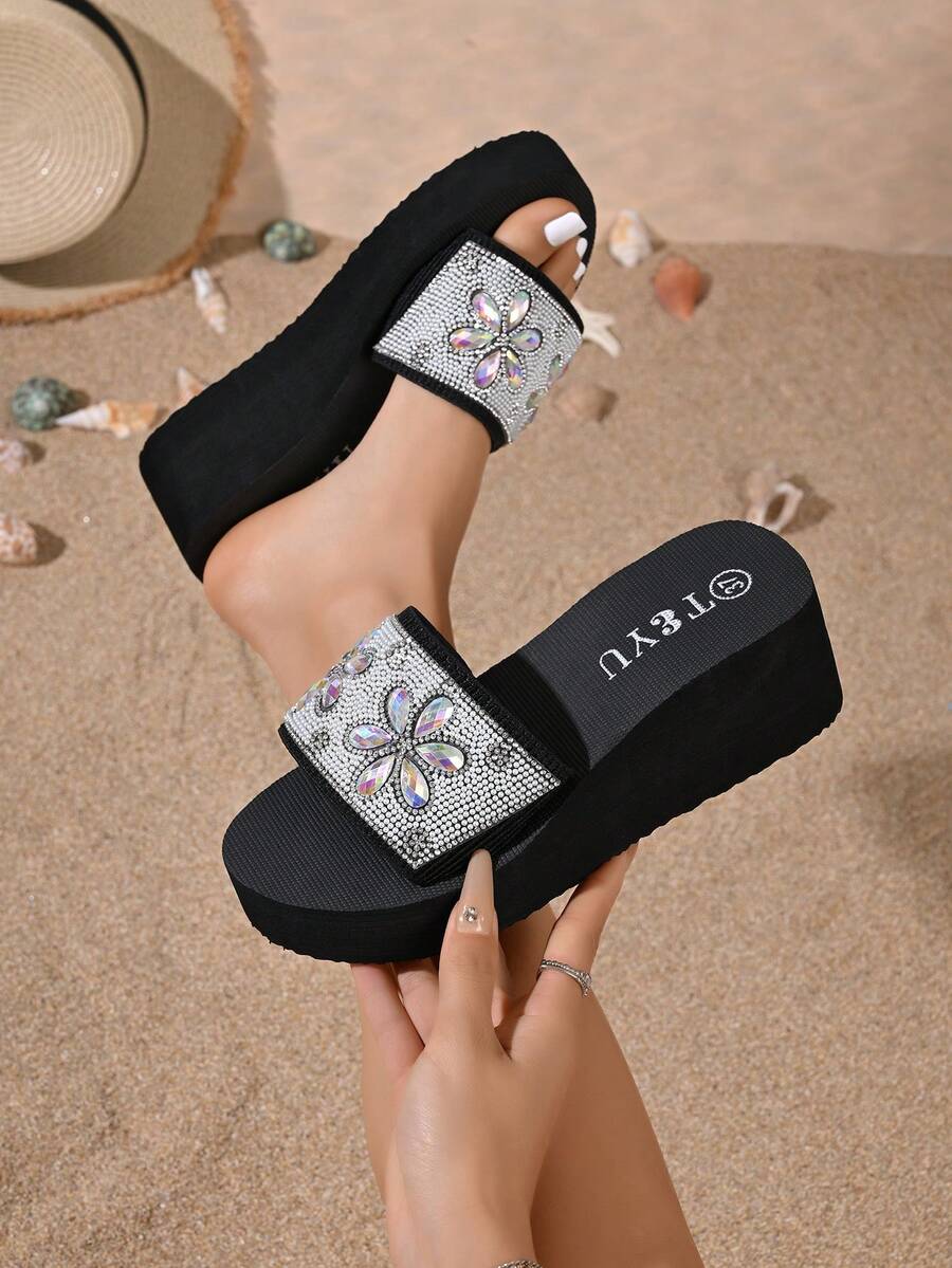 Summer Rhinestone & Pearl Thick-Sole Slip-On Sandals, Black Non-Slip Outdoor Wear, Casual Vacation Style Soft-Bottom Elevated Slippers, Suitable For Indoor & Outdoor, Comfortable & Versatile - Black S22 - View 1