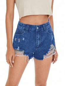 Women's Casual Floral Print Distressed Frayed Hem Denim Shorts, Summer - Azul 2 - Ver 3