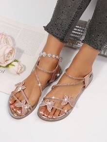Summer New Round Toe Thin Strap Glass Rhinestone Cute Bow Slip-On Elastic Ankle Strap Women Casual Fashion Open Toe Beach Sandals Suitable With Dress - Champagne - View 4
