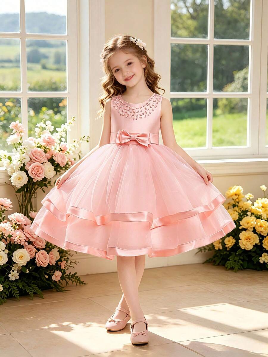 Young Girls' Solid Color Bow Tulle Satin Sleeveless Puffy Skirt, Elegant Formal Dress Suitable For Banquet And Party, Excluding Headband - 淺粉色 - 查看 1