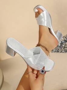 Women's New Fashion Versatile High Heel Slip-On Sandals, Elegant Style, Suitable For Outings, Gatherings And Parties, Faux Leather - Silver - View 2