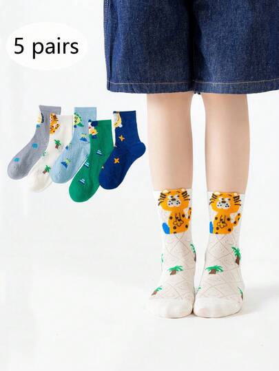 5 pares de calcetines de tripulación ligeros y transpirables con diseño de letras de dibujos animados para niños, versátiles para uso casual y deportivo, adecuados para uso diario, verano