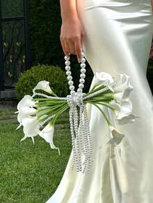 1pc Elegant White Calla Lily & Pearl Bridal Bouquet, Wedding Floral Decor Bouquet With Bow Accent, Mother's Day Gift, Photo Prop, Suitable For Bride, Bridesmaid, Mother's Day, Party Wreath - White - View 3