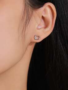 1 Đôi bông tai hình trái tim bằng bạc 925 đính đá Zirconia dành cho nữ, trang sức cưới và đính hôn lãng mạn tinh tế, quà tặng thời trang. - Bạc - Xem 3