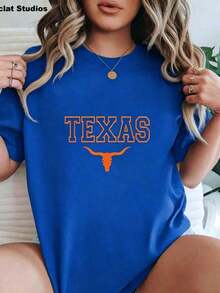Soft Cotton Summer T-Shirt, Plus Size, Elegant Blouses For Women, Women's Oversized Black T-Shirt With Texas Longhorns Graphic Print, Graphic T-Shirts For Women By U - 藍色 - 查看 5