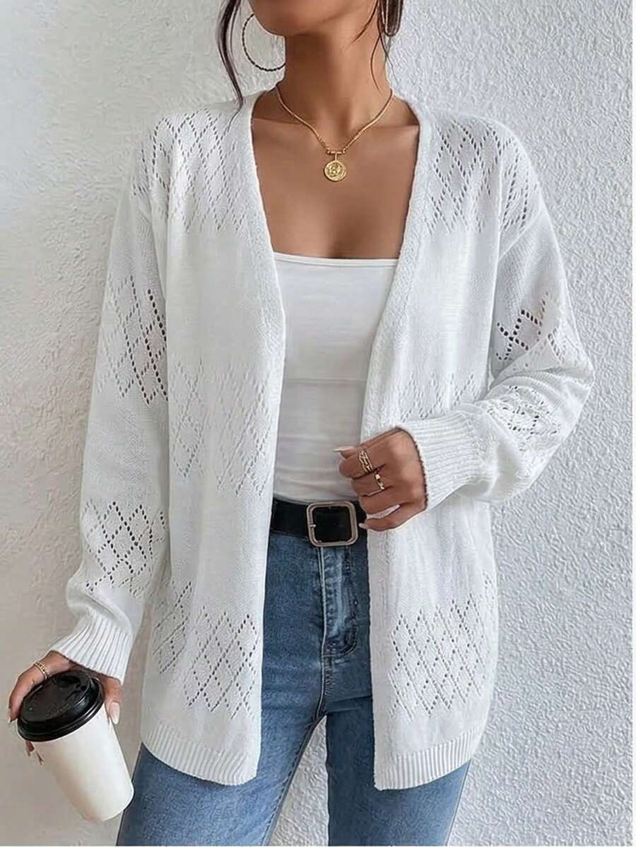 Plus Size Women's White Open Knit Cardigan, V Neck Long Sleeve Hollow Out Crochet Sweater, Casual Loose Open Front Outerwear For Spring Fall - trắng - Xem 1