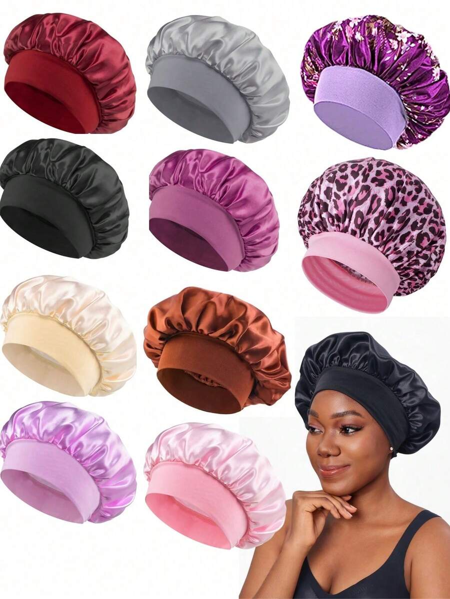 CONFLASS 12/10/8pcs Women's Multi-Color Satin Wide Brim Sleep Cap/Hair Bonnet, Suitable For Daily Use