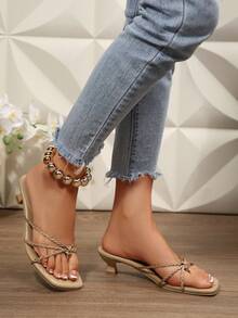 Sandalias de tacón alto con punta abierta tejidas y anudadas, sandalias deslizantes de punta cuadrada minimalistas, versátiles para vacaciones y estilo callejero - Caqui - Ver 7