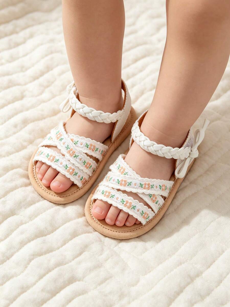 Giày sandal mùa hè cho bé gái, có nơ hoa, đế mềm, thích hợp cho váy cưới, giày tập đi cho bé sơ sinh, giày tập đi trong nôi. - trắng - Xem 1