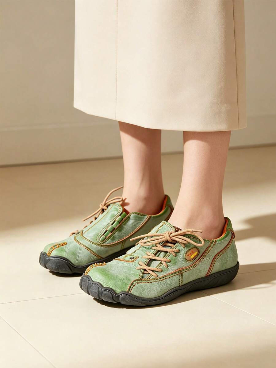 1 Pair TMA EYES Solid Color Casual Plus Size Women Sports Shoes, Lace-Up Outdoor Commuting, All Season - Green - View 1