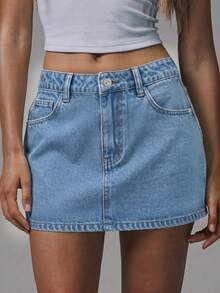 Váy ngắn denim nữ mùa hè mát mẻ, gợi cảm, thêu nơ và có túi. - Rửa nhẹ - Xem 4